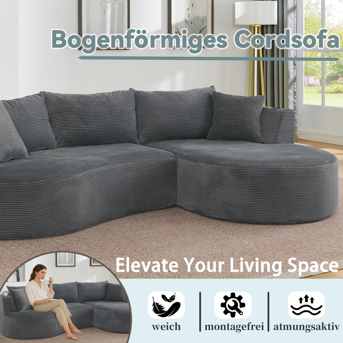 3-SITZER ECKSOFA Cord Grau mit Getränkehaltern und Kissen - Grau, Textil (264/168cm) - WISHDOR