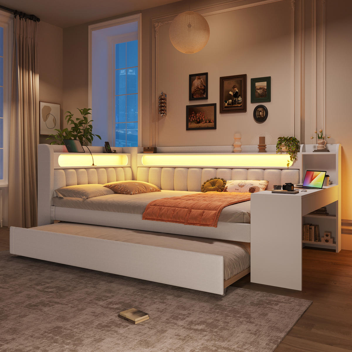 POLSTERBETT 140/200 cm weiß aus MDF mit LED und USB mit Ausziehbett und Schreibtisch - Weiß, Holzwerkstoff (140/200cm) - OKWISH