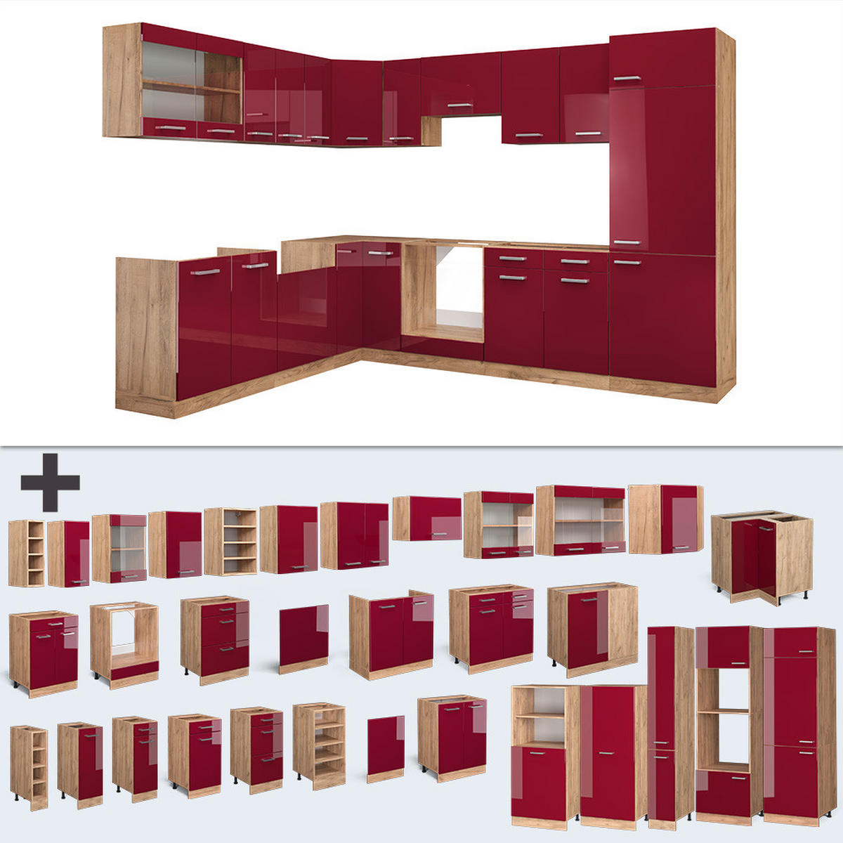 ECKKÜCHE R-Line Rot Hochglanz/Goldkraft Eiche 287 x 46 cm ohne Arbeitsplatte - Rot/Eiche Wotan, Holzwerkstoff (287/81.6/46cm) - Vicco