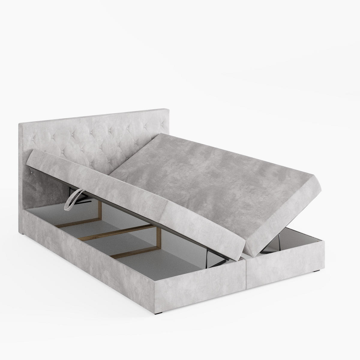 BOXBETT CRYSTAL 200/200 cm, in Hellgrau, Premium Velours-Stoff, Bettkasten, Matratze, Topper - Hellgrau, Textil (200/20cm) - Barchello