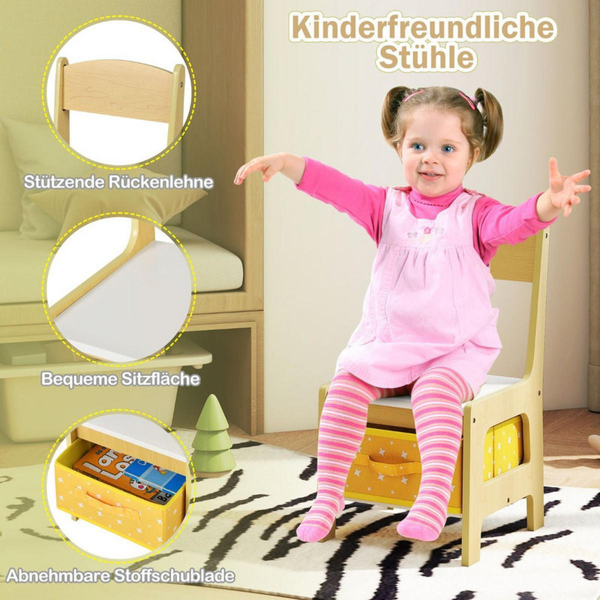 KINDERSITZ‑SET mit Stuhl gelb(3-tlg) - Gelb, Holzwerkstoff (62/48/62cm) - COSTWAY
