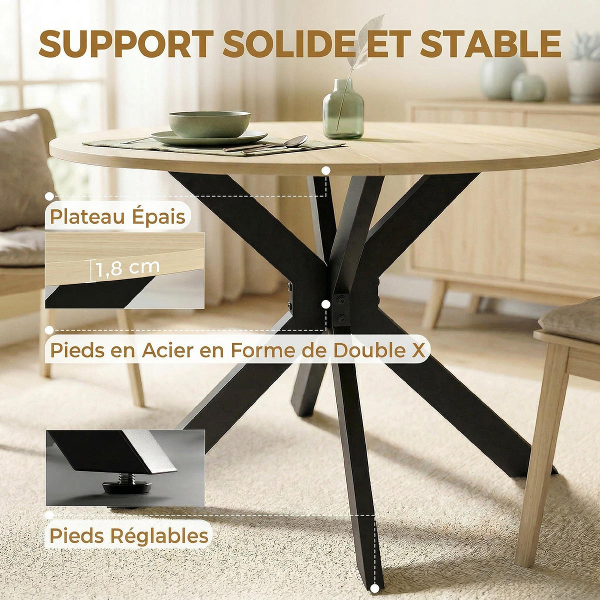 ESSTISCH DE-16550 rund, 2-6 Personen Naturholz - Naturfarben, Metall (110/110/76cm) - ComfortXL