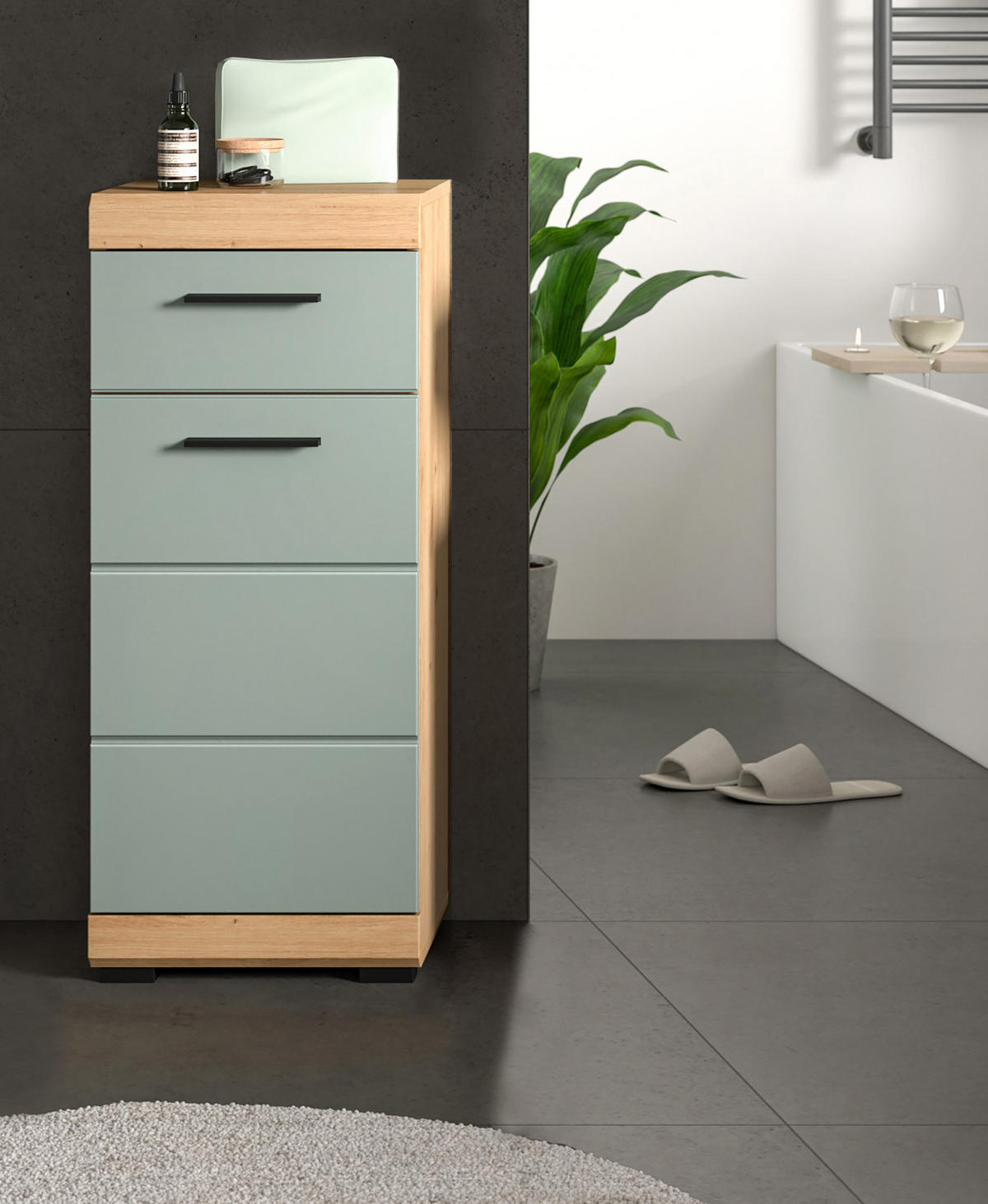 BADKOMMODE Salbei grün, Eiche Artisan 37 x 88 cm, Badschrank Türanschlag wechselbar - Salbeigrün/Schwarz, Holzwerkstoff/Kunststoff (37/88/31cm) - Inn.Furn