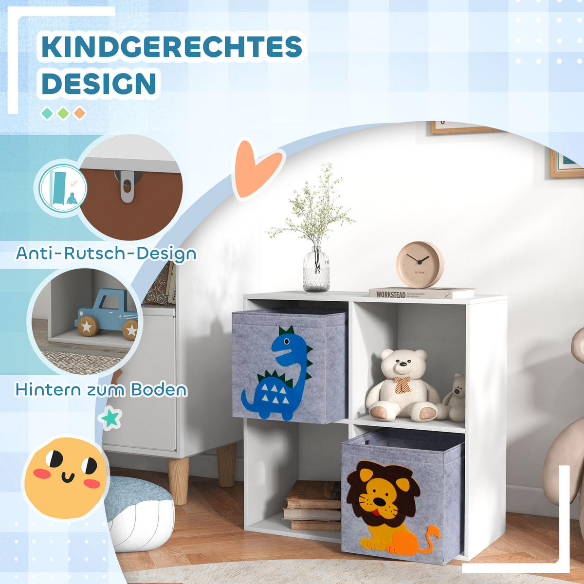 KINDERREGAL Bücherregal mit 2 Aufbewahrungsboxen für Kinderzimmer Weiß+Grau - Weiß, Holzwerkstoff (29.9/61.8/61.8cm) - ZONEKIZ