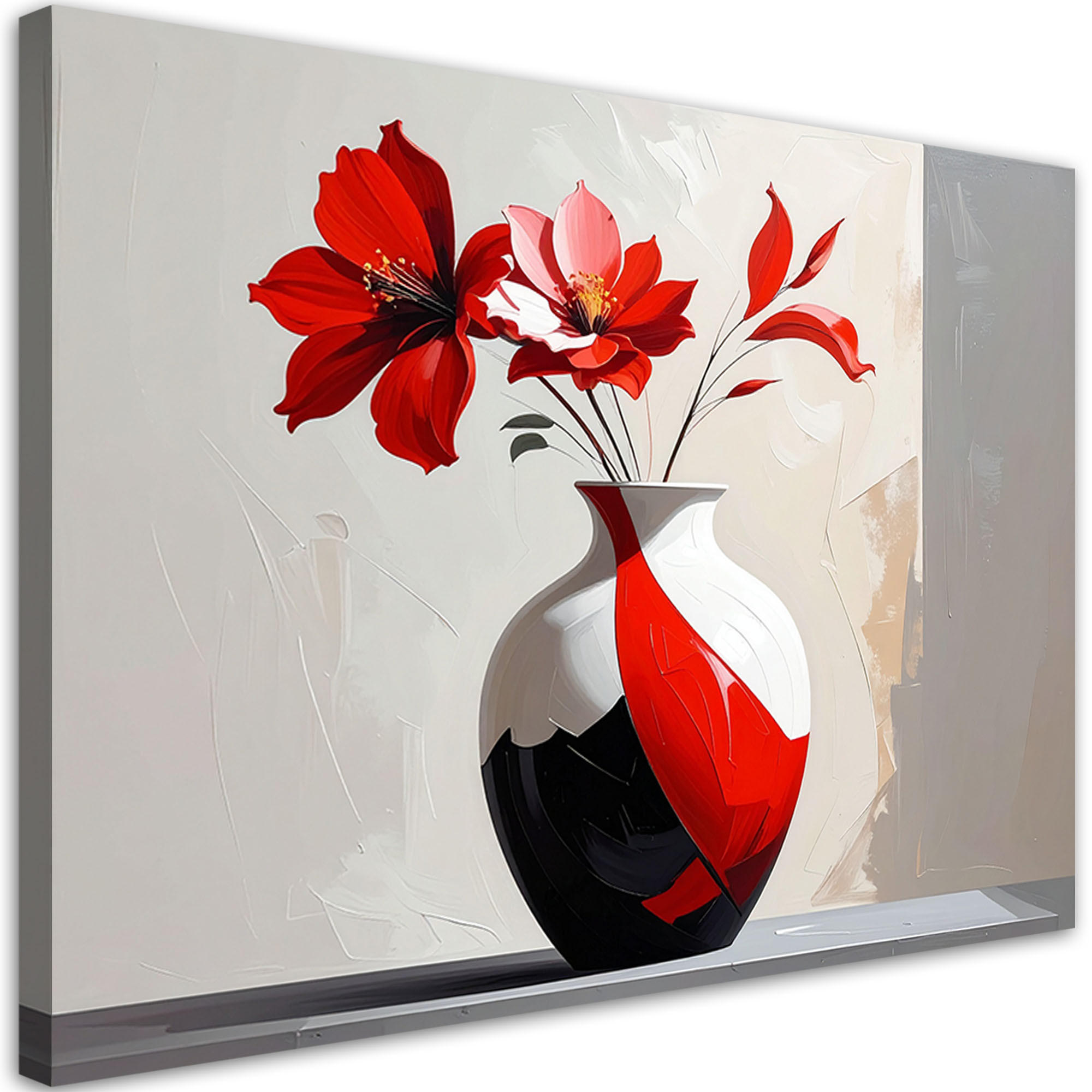 BILD auf Leinwand, Rote Blumen in einer modernen rot-weißen Vase - Rot, Textil (60/40cm) - Feeby
