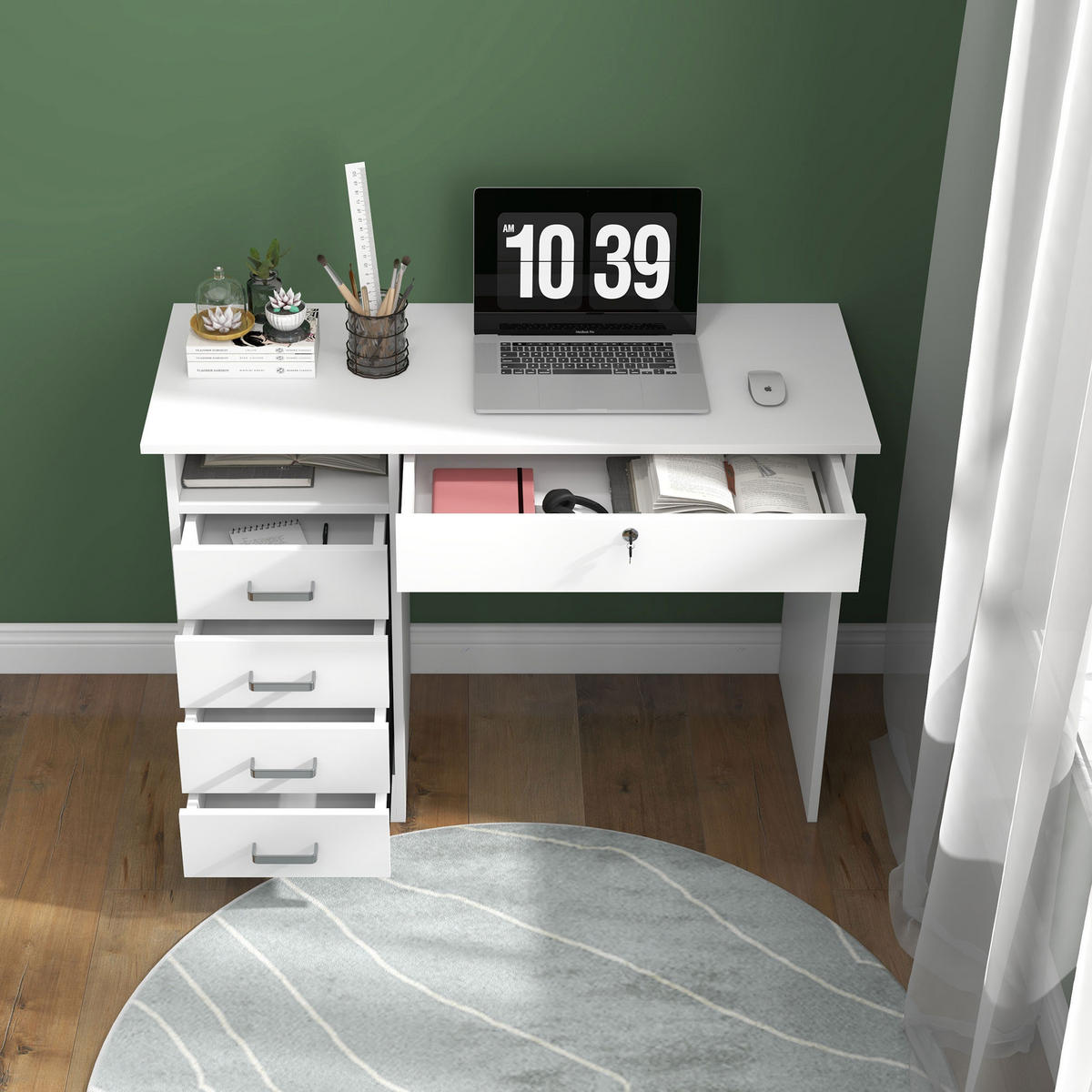 SCHREIBTISCH DE-14874 5 Schubladen mit abschließbarem Fach Weiß - Weiß, Holzwerkstoff (110/50/76cm) - ComfortXL