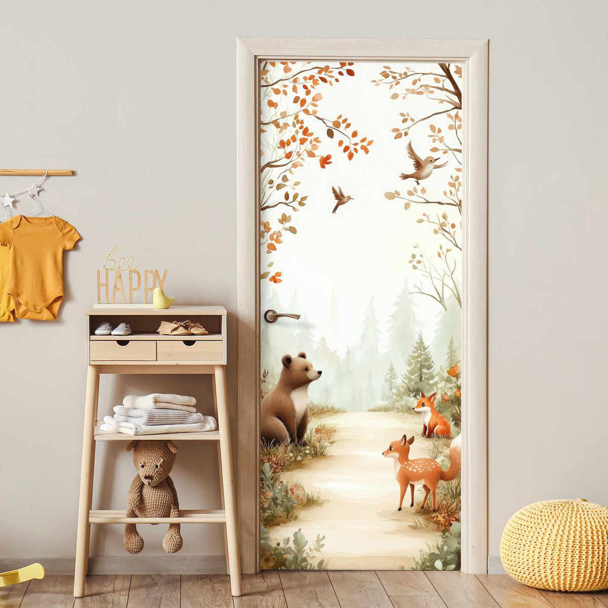 FOTOTAPETE Tür - Wald - Herbst - Waldtiere - Bär - Fuchs 95x215 cm - Kastanienfarben, Kunststoff (95/0.1cm) - MuchoWow
