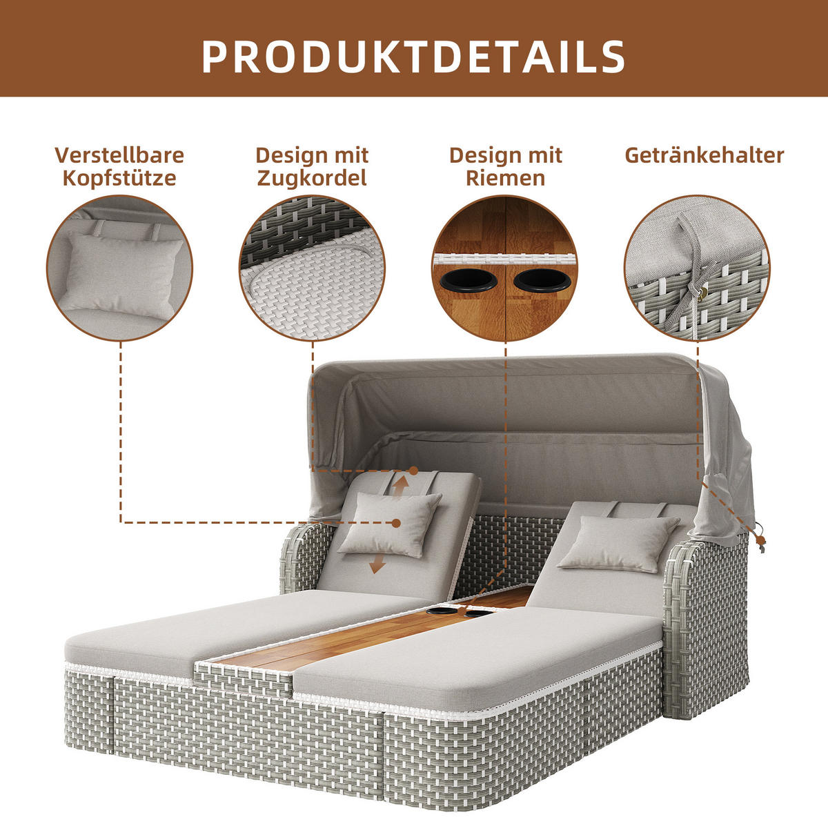 LOUNGESET Beige/Grau Mit Sonnenschutz & Pavillon - Grau, Textil (160/137/192cm) - FLIEKS