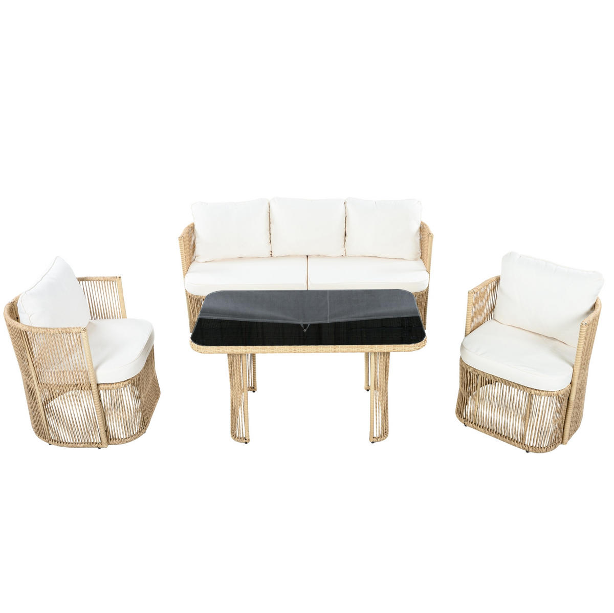 GARTENMÖBEL-SET 172,5/69/75 cm mit 3-Sitzer-Sofa, 2 Sesseln und Glastisch aus PE-Rattan, Beige/Schwarz/Weiß - Beige, Metall - Redom