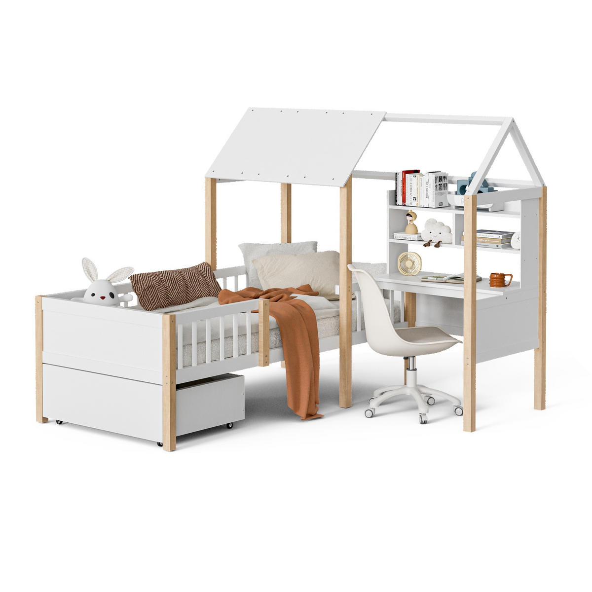 HAUSBETT 90x200cm,Kinderbett,Fachbett mit Schreibtisch,Schubladen,Weiß - Weiß, Holz - LVHOM