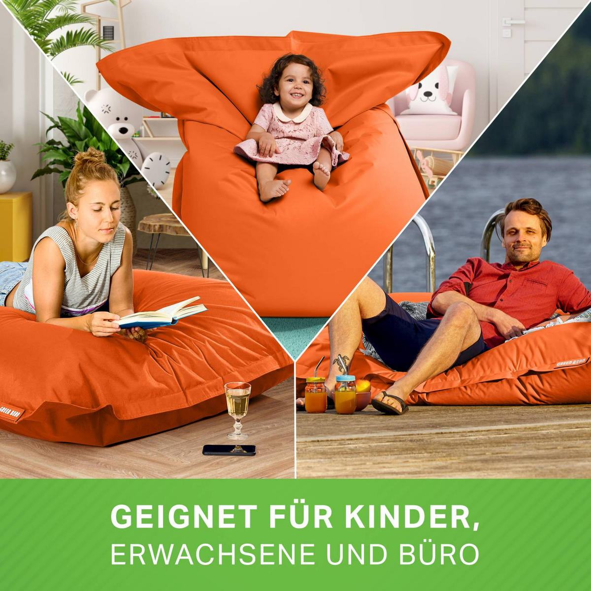 SITZSACK XXL "Square" 140x180cm - 380 L - Orange, Textil (140/25/180cm) - Green Bean