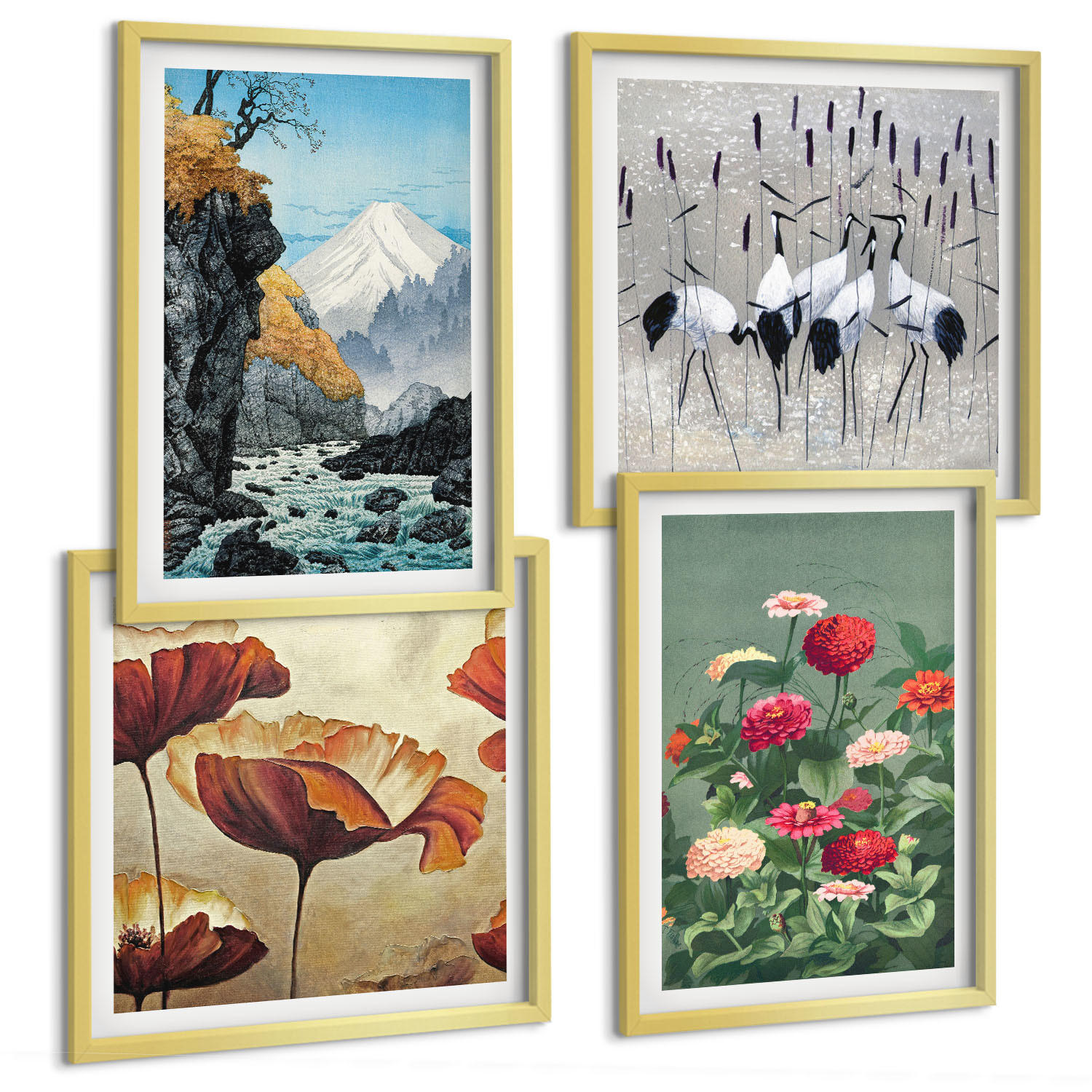 BILDER SET 4er Set - 50x50 cm & 40x60 cm Goldrahmen - Berge, Wasserfälle, Vögel, Blumen - Goldfarben, Kunststoff (50/50cm) - TULUP