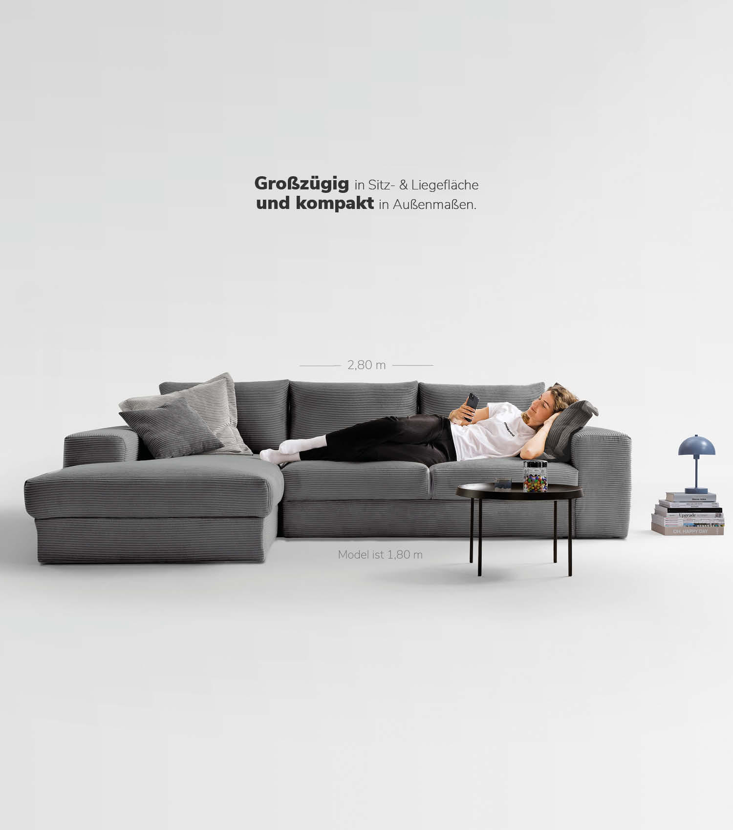 ECKSOFA Der Klassiker Recamiere links - Anthrazit, Textil (280/190cm) - Mokebo