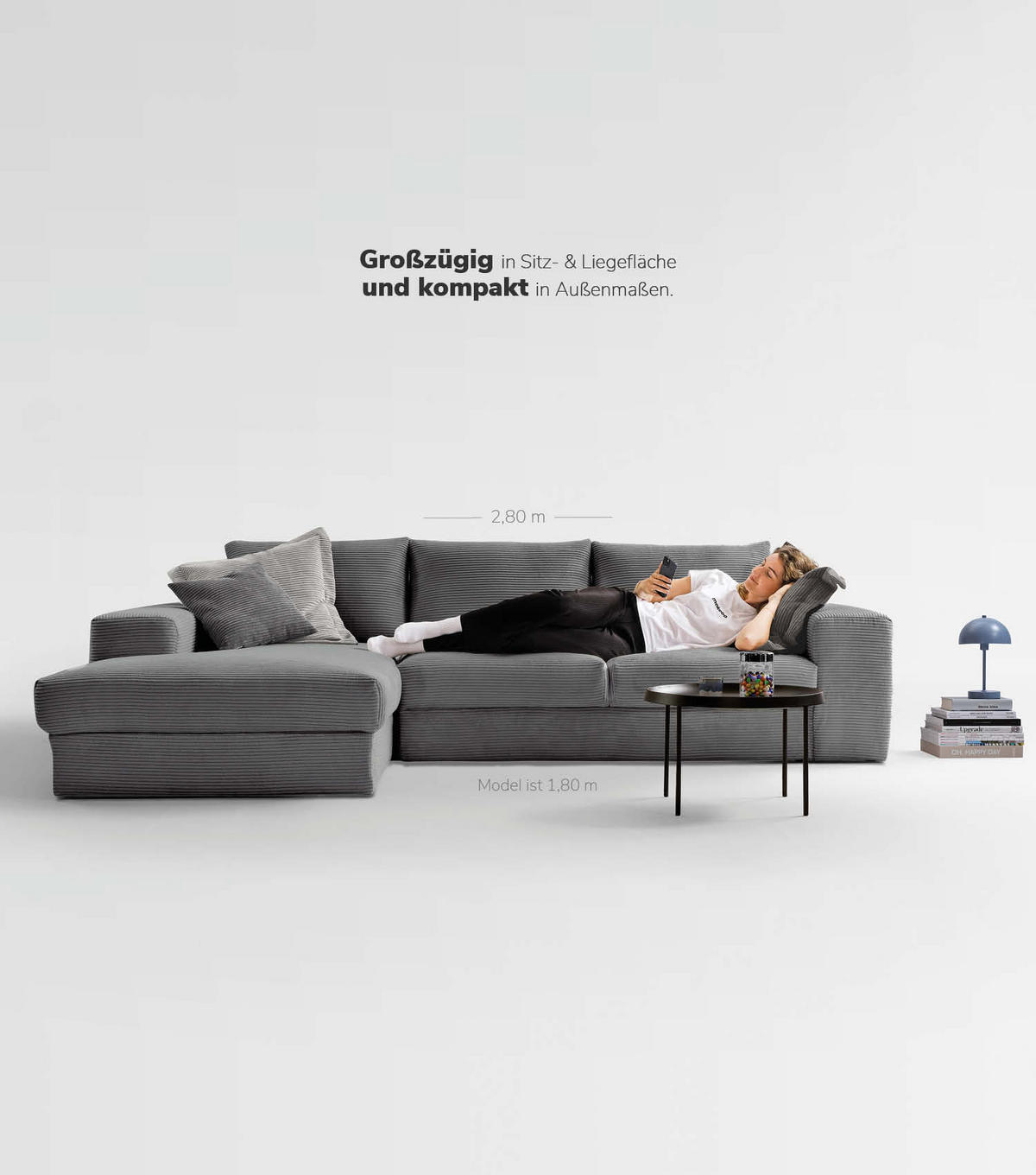 ECKSOFA Der Klassiker Recamiere links - Anthrazit, Textil (280/190cm) - Mokebo