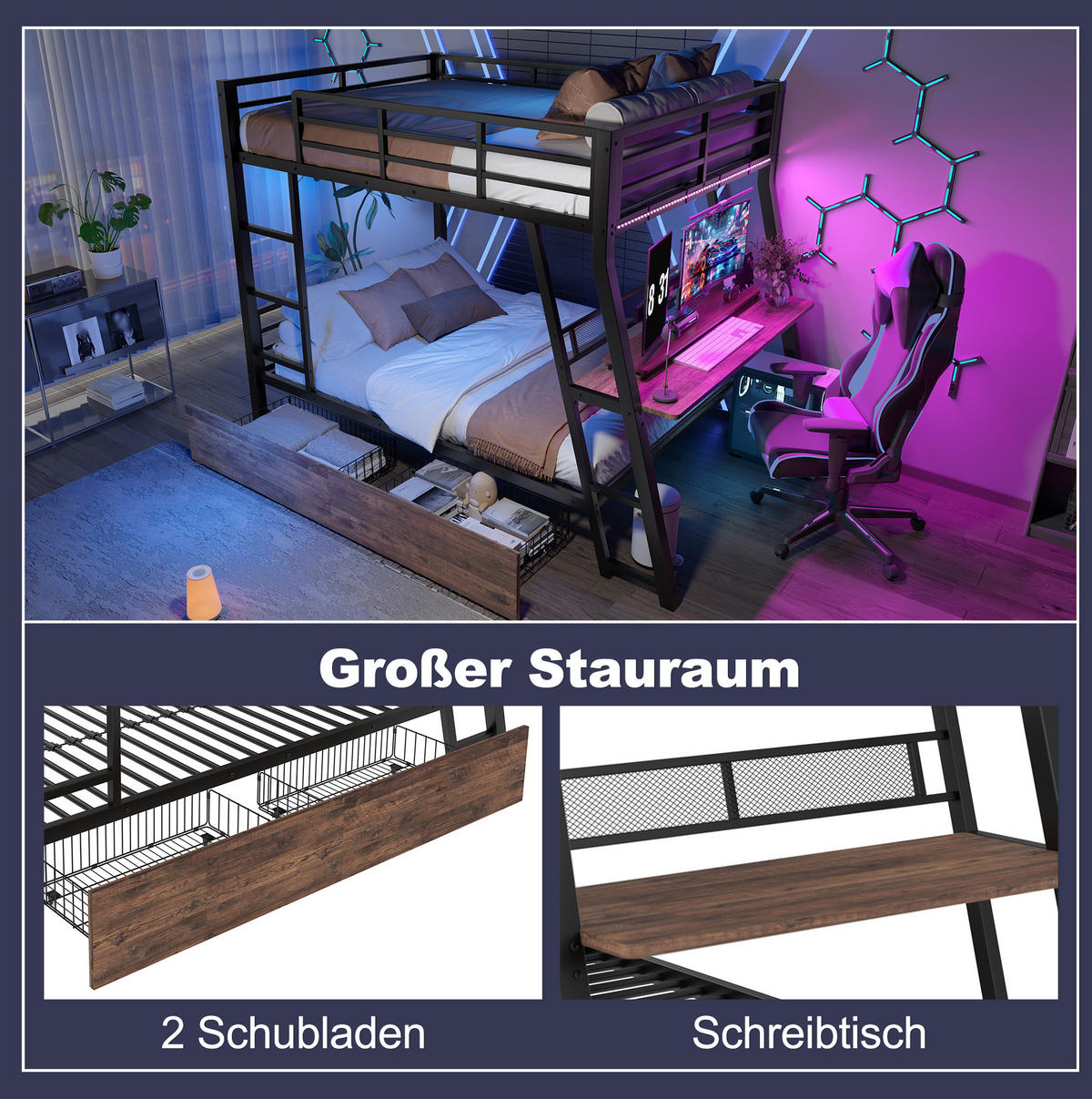 HOCHBETT 140/200 cm mit Schreibtisch, LED-Beleuchtung, 2 Schubladen und Treppe, Metallrahmen, Schwarz - Schwarz, Metall (140/200cm) - Redom