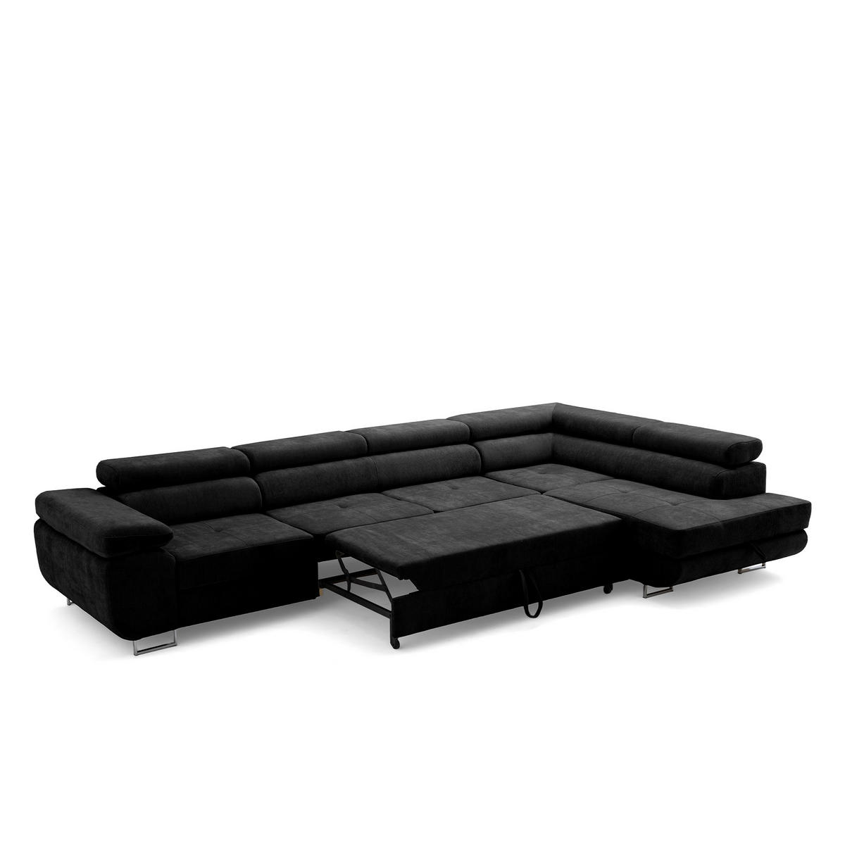 ECKSOFA WILD MAXI L Rechts mit Schlaffunktion 125x195 Chenille Schwarz - Chromfarben/Schwarz, Holz/Textil (350/203cm) - Muffo