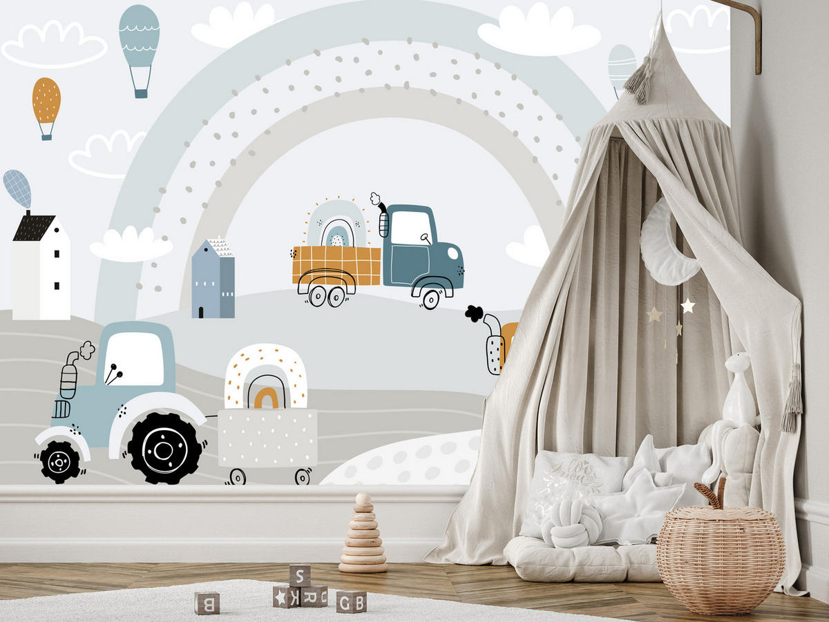 FOTOTAPETE für Kinderzimmer Baumaschinen Regenbogen Hügel Wolken 350x256 - Blau/Beige, Papier (350/256cm) - Muralo