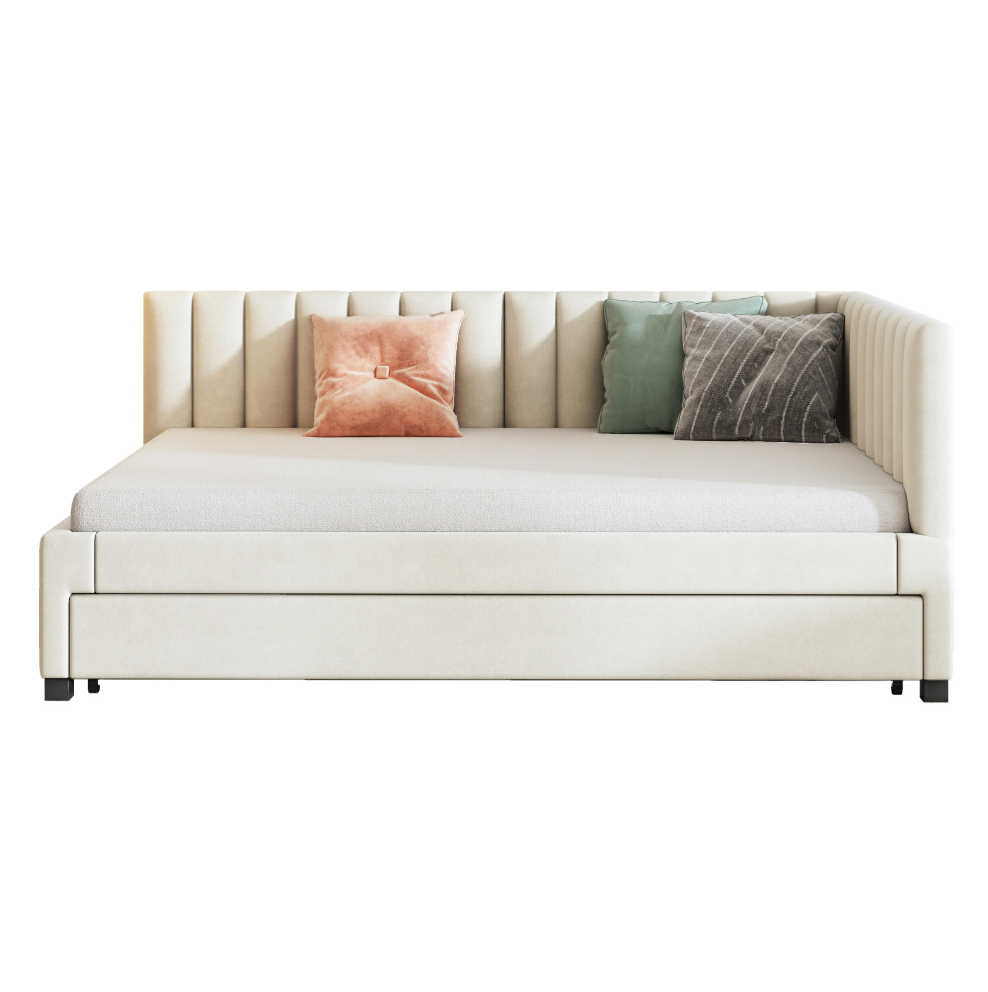 POLSTERBETT 140/200 cm aus Samt mit ausziehbarem Unterbett Beige - Beige, Leder (140/200cm) - Modenvie