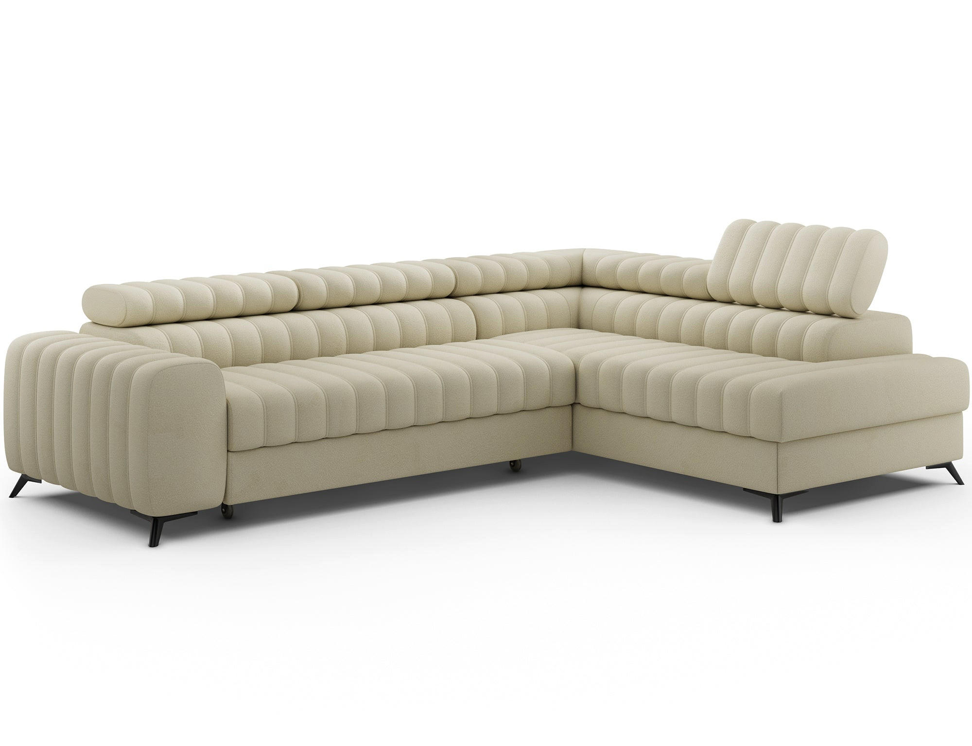 KANEDO Ecksofa mit Schlaffunktion und Bettkasten – Modernes Designsofa, verstellbare Kopfstützen, Metallfüße - Beige, Kunststoff (269/86cm) - Wohnideebilder