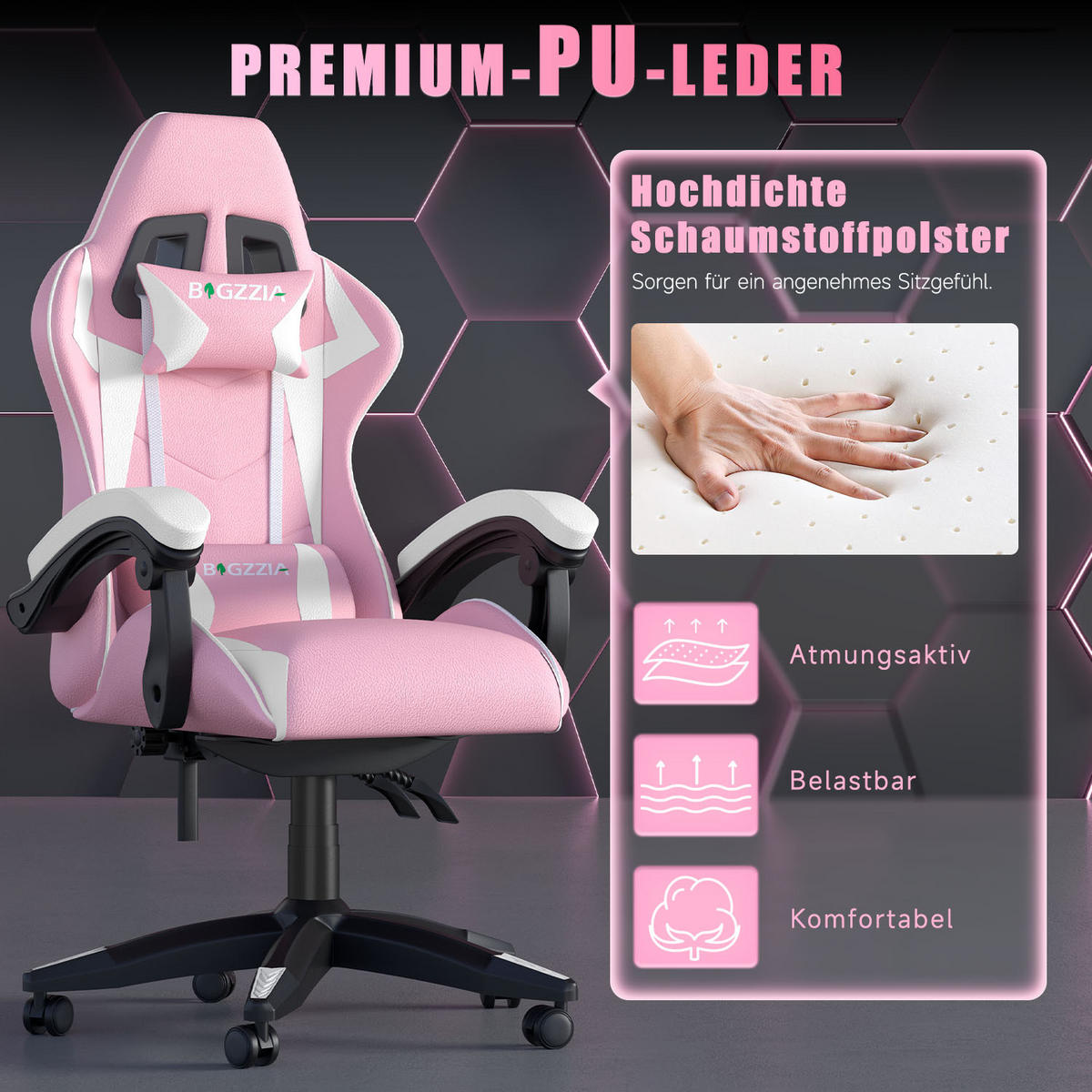 GAMINGSTUHL Weiß-Rosa ergonomisch - Weiß/Rosa, Leder (29/59/79cm) - Rattrix