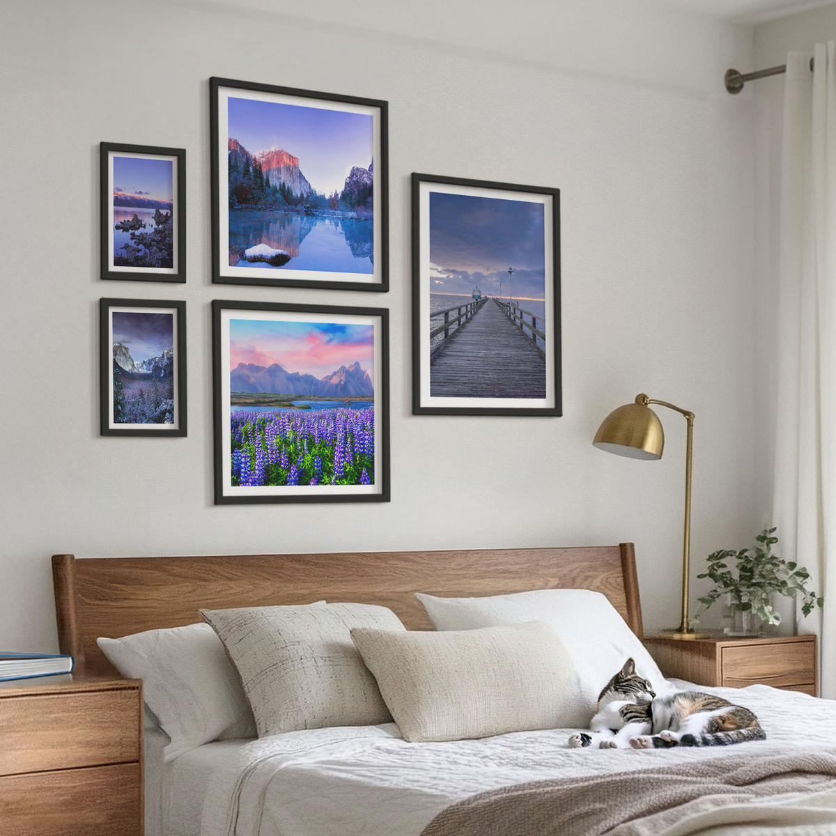 WANDBILDER 5er-Set - 50x50 cm & 20x30 cm & 40x60 cm Schwarzer Rahmen - Berglandschaften, Wasser, Blumenfeld - Schwarz, Kunststoff (40/60cm) - ArtPrintCave