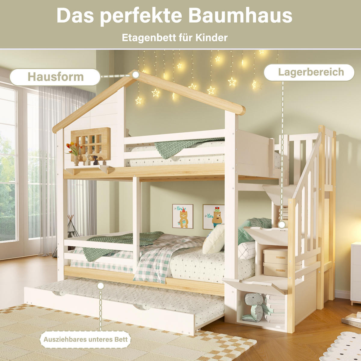 ETAGENBETT 90/200 mit Ausziehbett und Stauraumleiter in Weiß und Natur - Weiß/Naturfarben, Holz/Holzwerkstoff (90/200cm) - EVRYAE