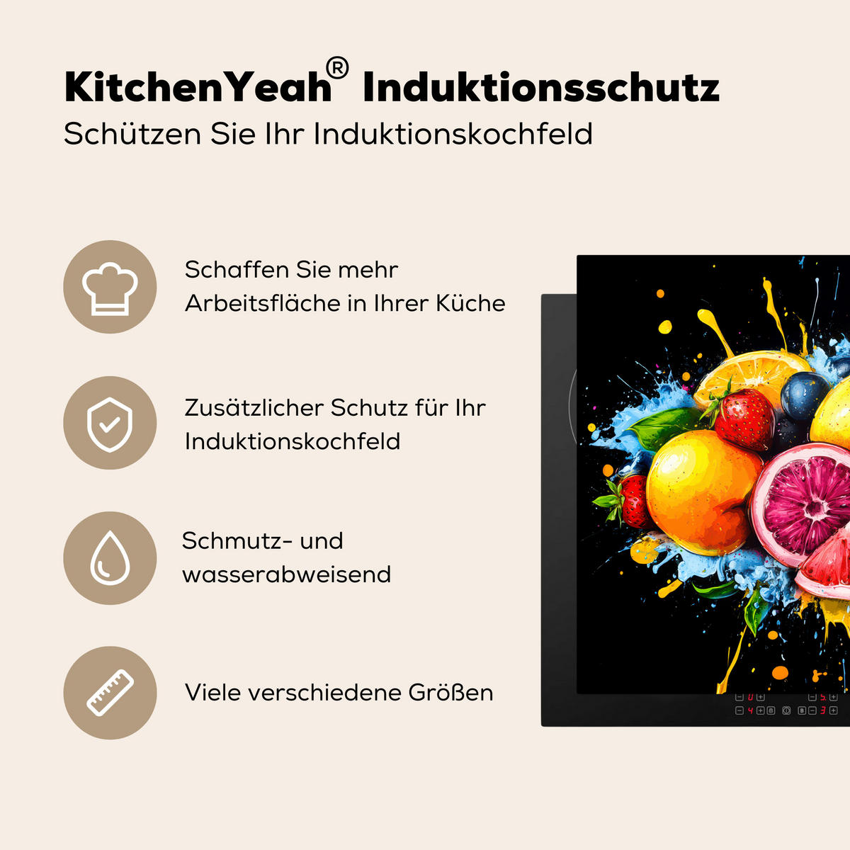 HERDABDECKPLATTE Obst - Graffiti - Bunt - Orange - Erdbeere - Abstrakt 65x52 cm - Orange, Kunststoff (65/0.2/52cm) - MuchoWow