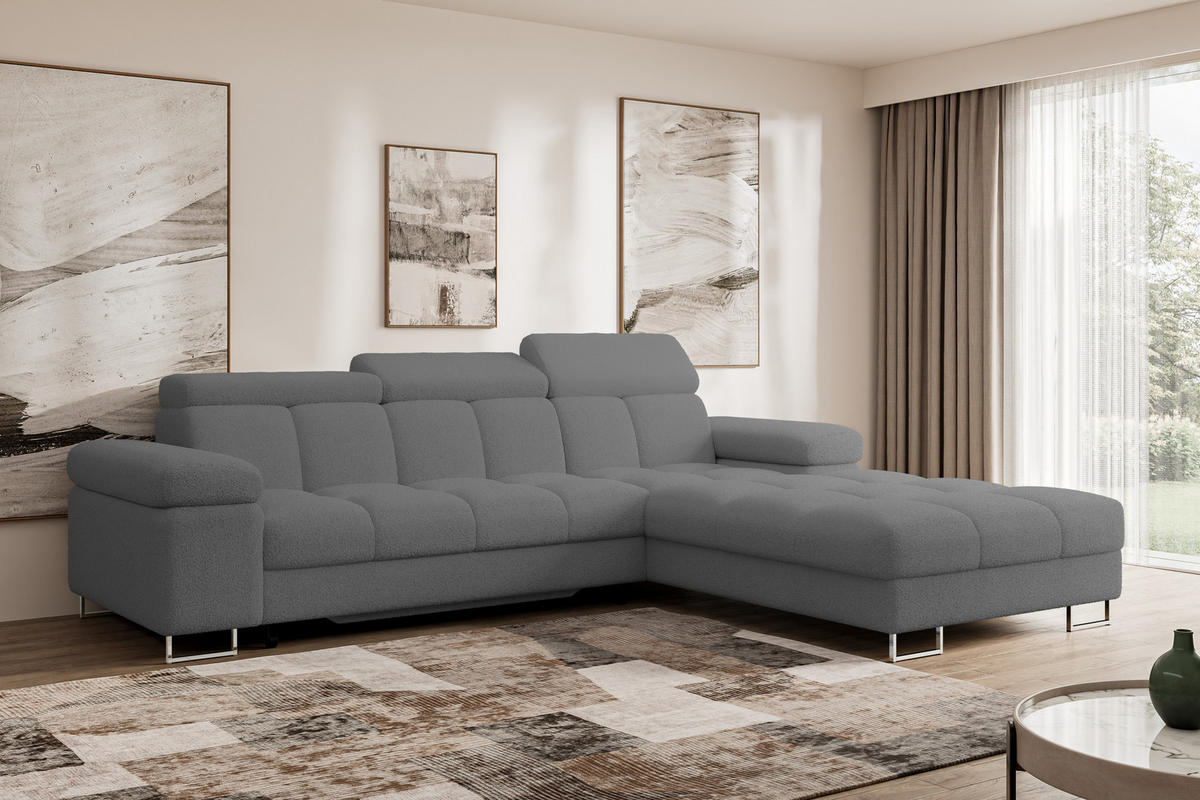 ECKSOFA mit Schlaffunktion Ottomane Rechts COMA L 271x203x79 Grau Bouclé - Chromfarben, Holzwerkstoff/Textil (203/271cm) - ALTDECOR