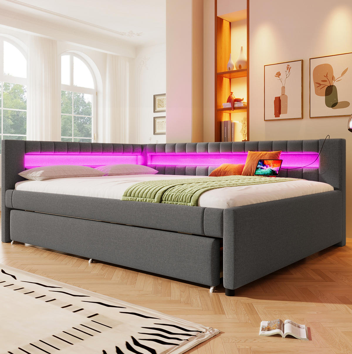 DNEVNA postelja iz lanu in MDF 140x200 cm siva z LED osvetlitvijo, USB in Type-C priključkom ter izvlečnim ležiščem - siva, tekstil (140/200cm) - Modfu