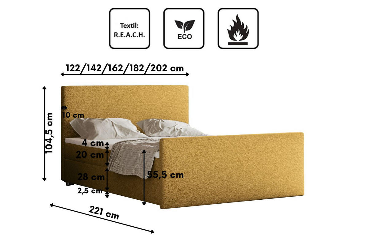 BOXBETT mit Bettkasten Matratze Topper LAGUNE Stoff Loop Senffarbe 200x200 cm H3-Bonell - Gelb, Holz/Holzwerkstoff (200/200cm) - Kaiser Möbel