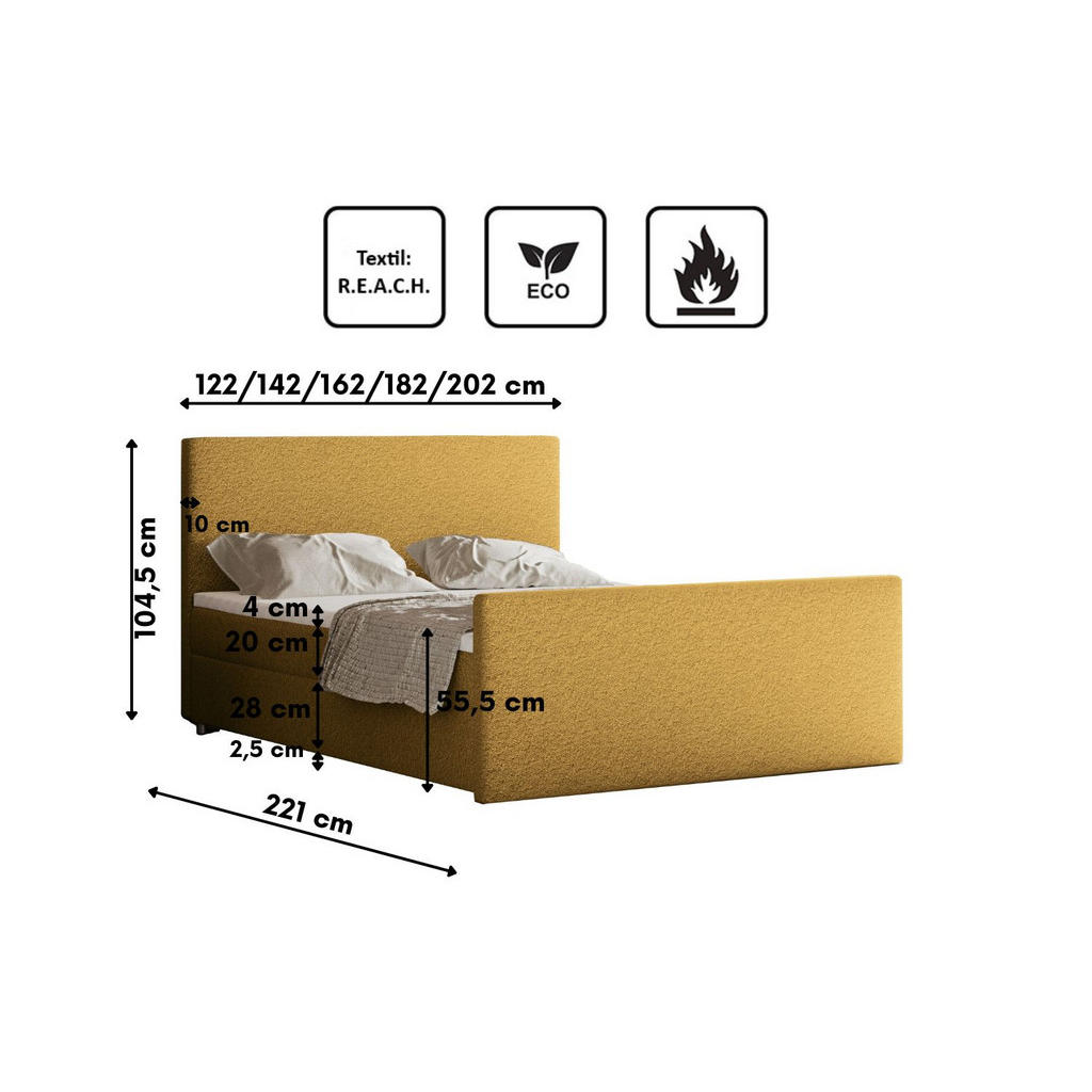 Thumbnail - Kaiser Möbel Boxbett, Gelb, Textil, H3, Höhe ca. 20 cm, einmalig seitenverkehrt montierbar,Rechteckig, 160x200 cm, Schla...