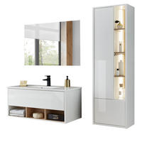 BADMÖBEL-SET weiß Hochglanz, Eiche 3-teilig, Badmöbel mit Waschbecken, LED Beleuchtung 155 cm - Weiß Hochglanz/Eichefarben, Glas/Holzwerkstoff (155/190/47cm) - Furn.Design