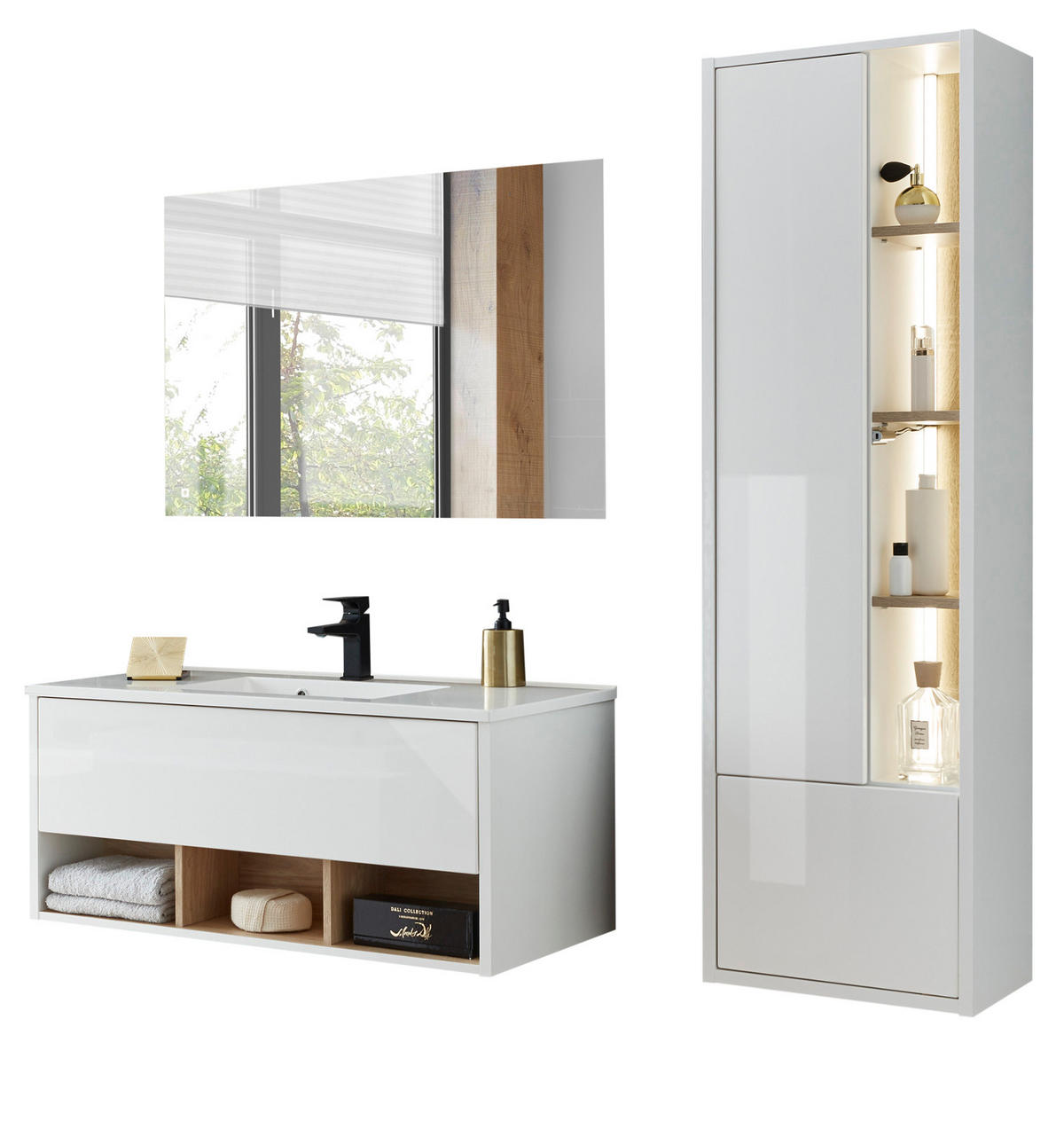 BADMÖBEL-SET weiß Hochglanz, Eiche 3-teilig, Badmöbel mit Waschbecken, LED Beleuchtung 155 cm - Weiß Hochglanz/Eichefarben, Glas/Holzwerkstoff (155/190/47cm) - Furn.Design