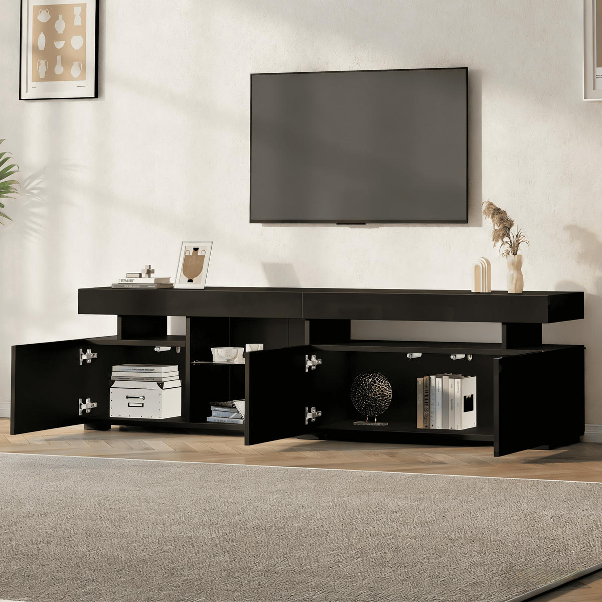 TV-LOWBOARD 180x35x45 cm Schwarz Hochglanz 3 Türen Glas Einlegeböden - Schwarz, Holzwerkstoff (35/45/180cm) - FLIEKS