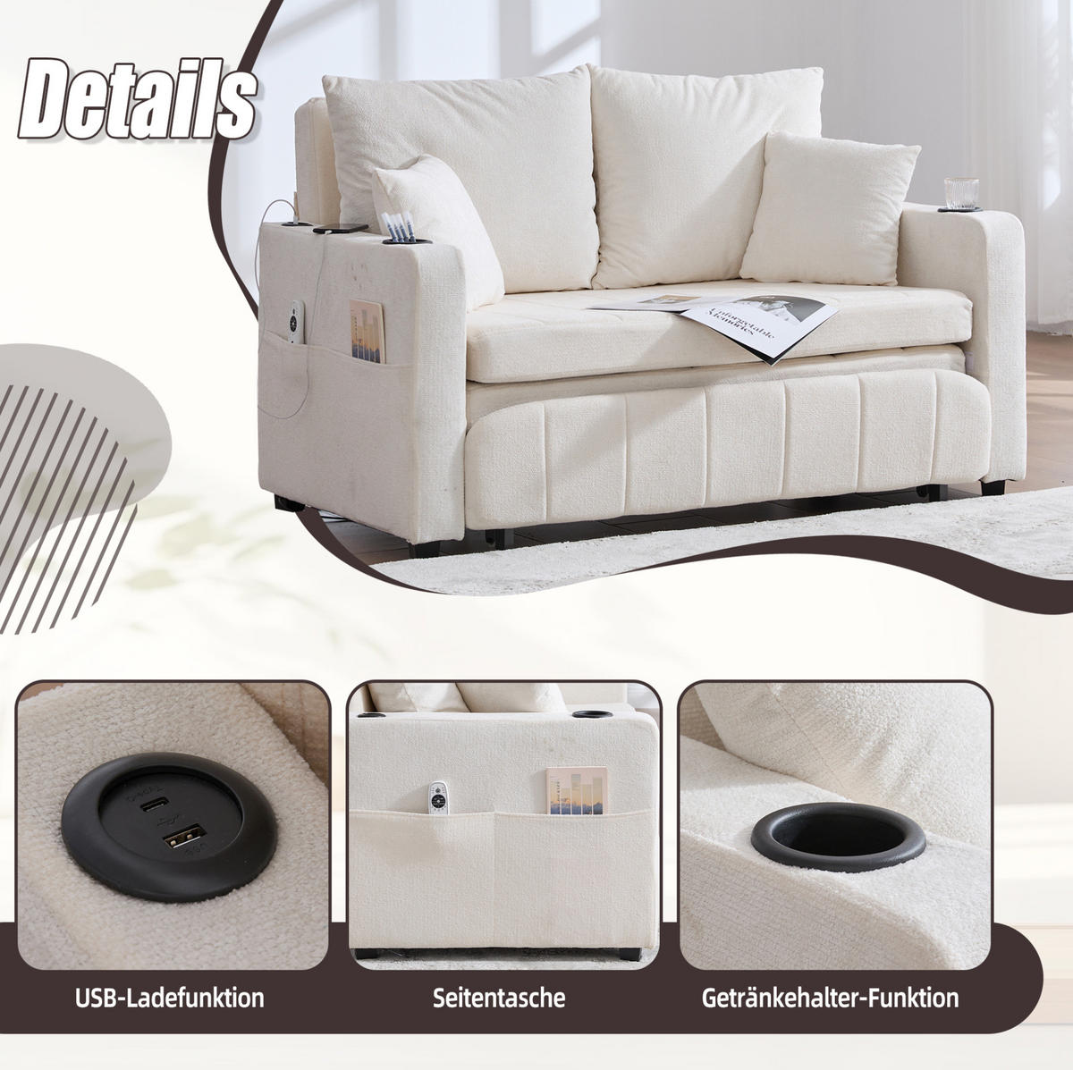 SCHLAFSOFA aus Chenille 139x83x73 cm in Beige mit Schlaffunktion & Seitentaschen - Beige, Textil (139/83/73cm) - Modfu