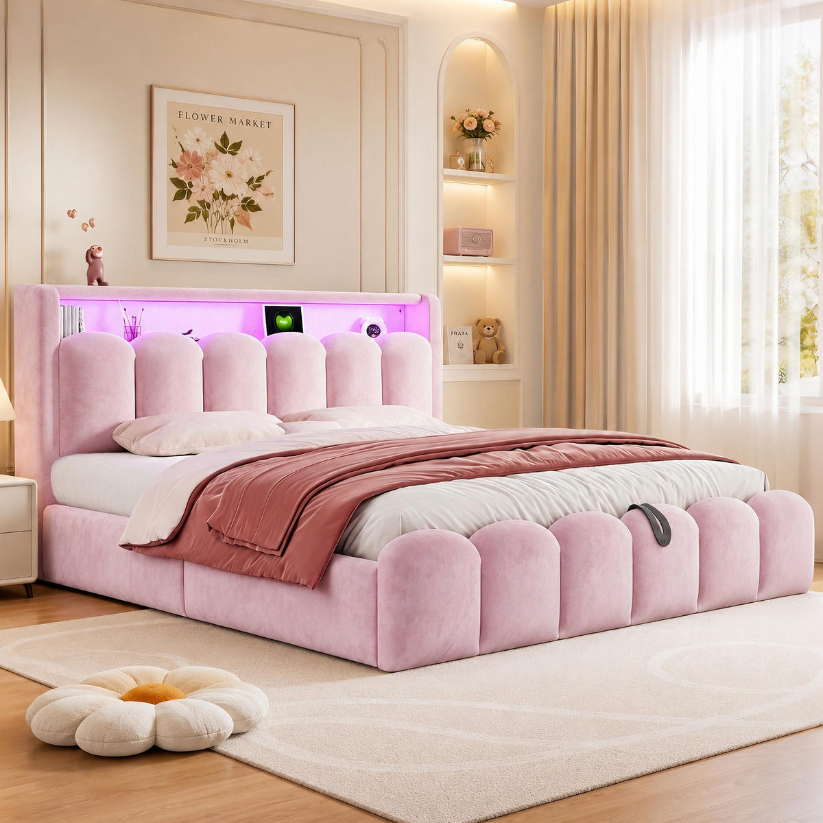 STAURAUMBETT 180/200 cm mit LED, USB-C und Hydraulik, DE-02093, in Rosa - Pink, Metall (180/200cm) - ComfortXL