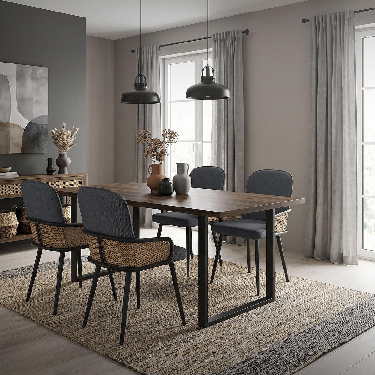 ESSZIMMERSTÜHLE 4er Set Anthrazit mit Stoffbezug Rattan Optik - Anthrazit/Schwarz, Naturmaterialien/Textil (51/91/61cm) - ML-DESIGN