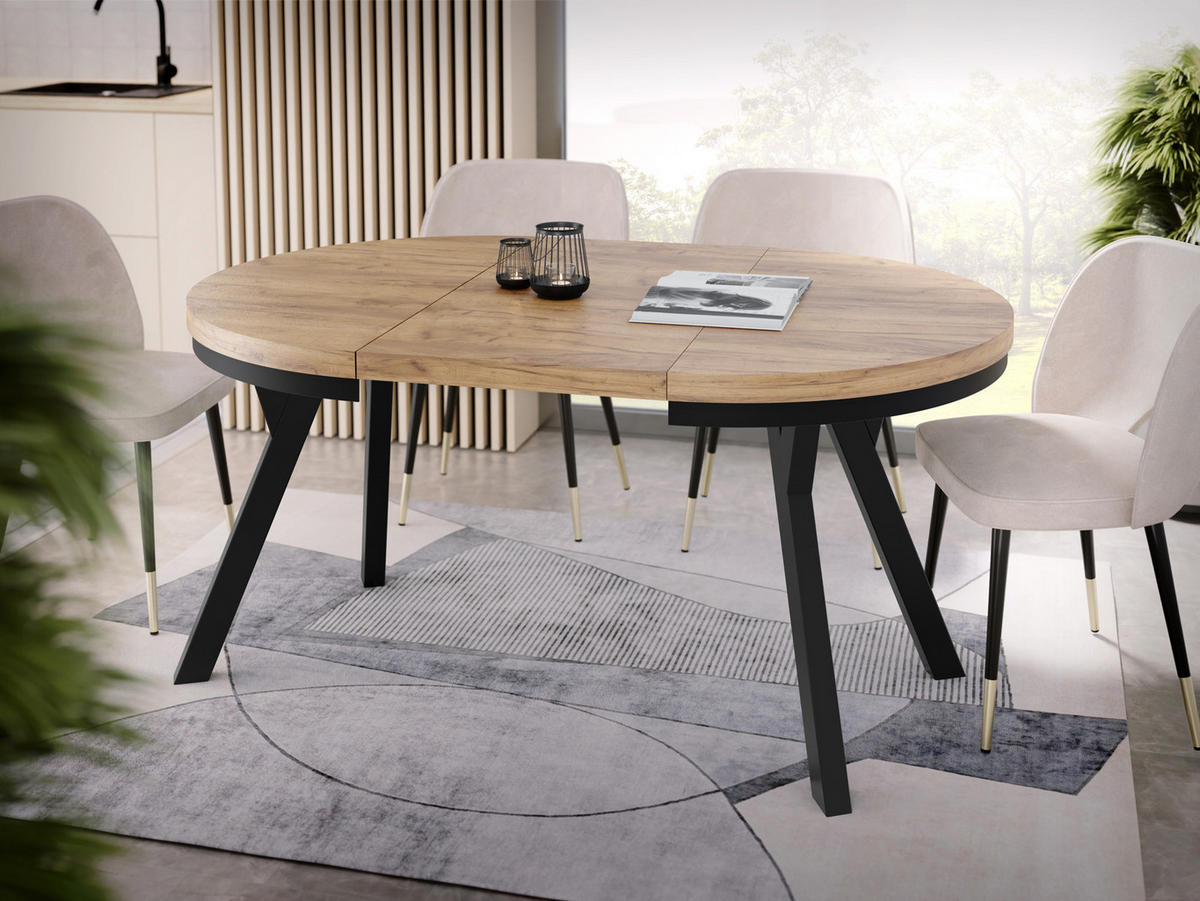 ESSTISCH Lume runder ausziehbarer, Wotan Eiche 100-150/100/76 cm - Eiche Wotan/Schwarz, Holz/Holzwerkstoff (100/100/76cm) - WFL GROUP
