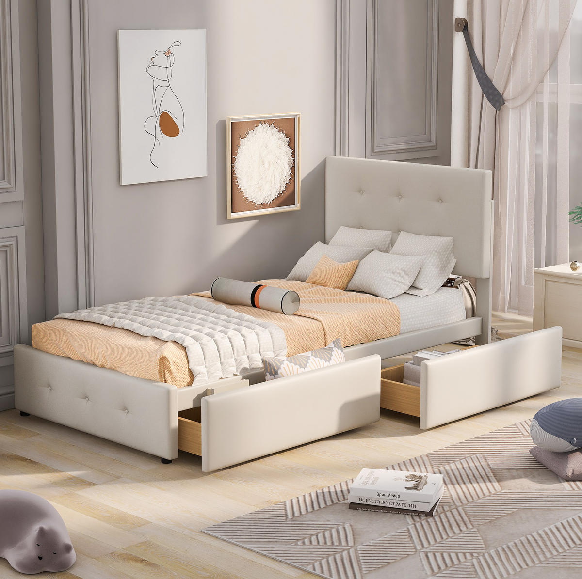 POLSTERBETT 90/200 cm Beige aus Samt mit Schublade - Beige, Textil (90/200cm) - OKMYHOME