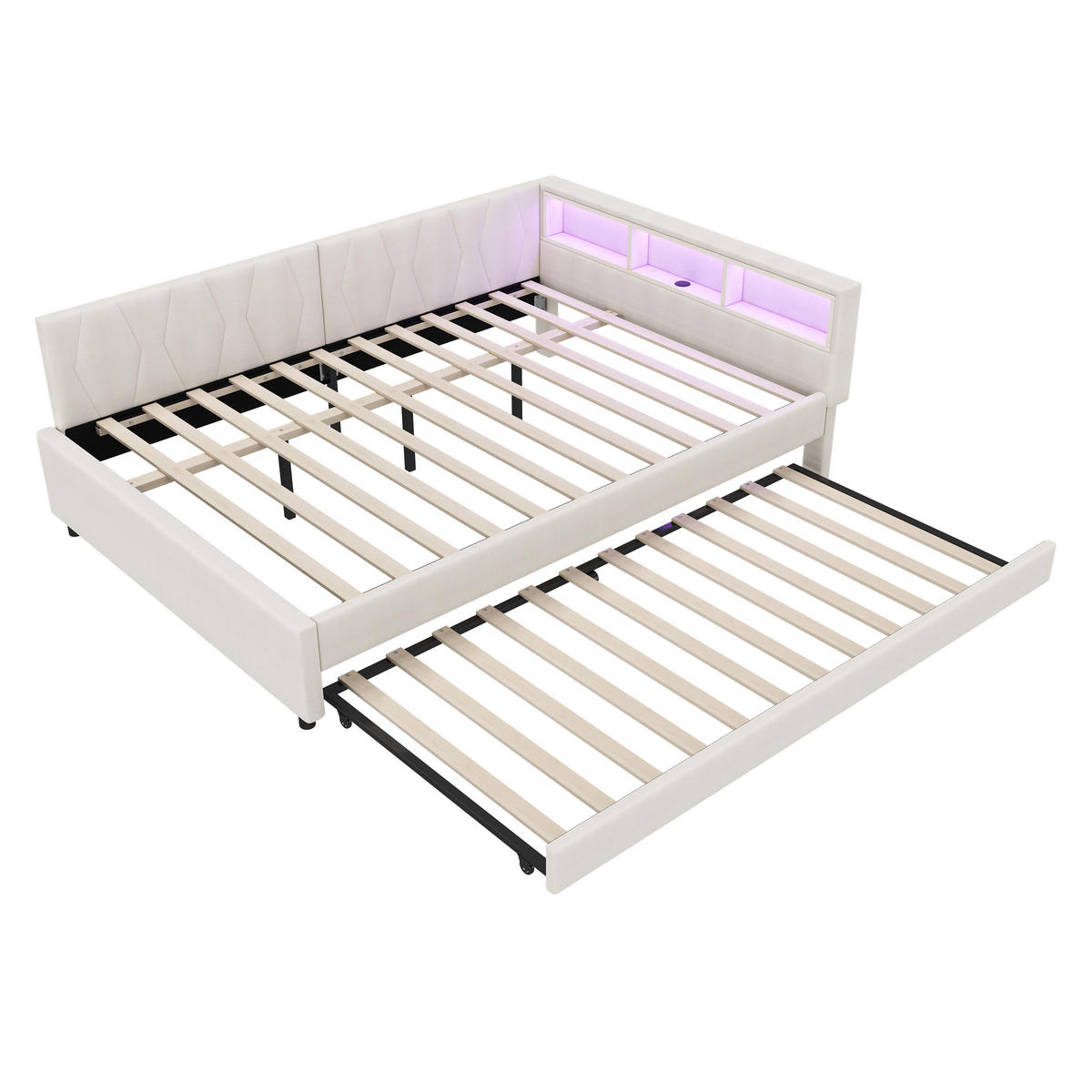 BETT mit Ablagefach und USB-Anschlüssen mit LED-Beleuchtung Leinen Beige 140/200 cm - Beige, Textil (140/200cm) - OKWISH