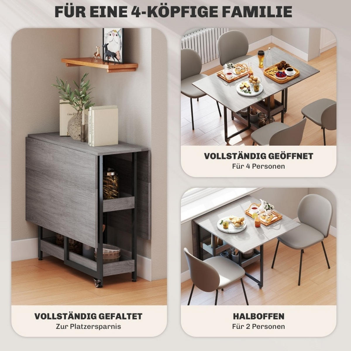 KLAPPTISCH 133,4/80/75 cm, seitlich ausklappbar mit Ablagen und Rollen - Grau, Holz (133.4/80/75cm) - BEAOK