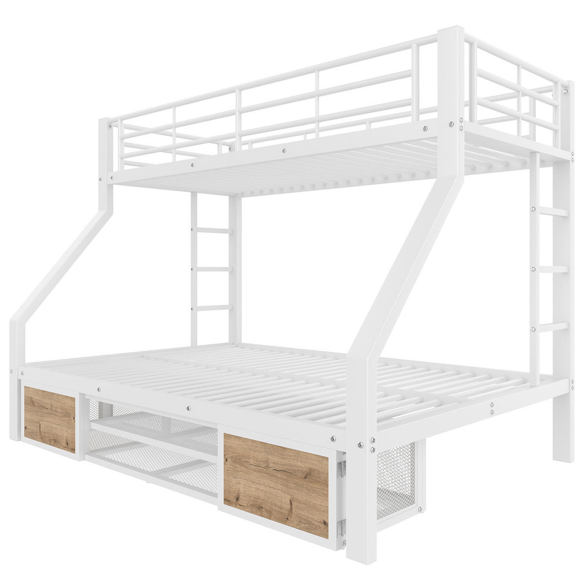 ETAGENBETT aus Metall und MDF 140x200 cm Weiß mit Schuhschrank, Staufächern und Leiter - Weiß, Metall (140/200cm) - Modfu