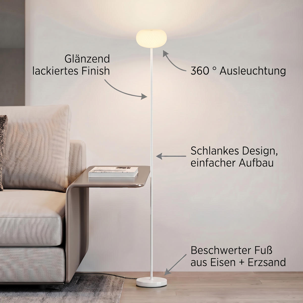 LED-DESIGN-STEHLEUCHTE stufenlos dimmbar Trittschalter 3000K 140cm hoch Metall Wolke Weiß - Weiß Hochglanz, Metall (15/15/140cm) - Elblight.de