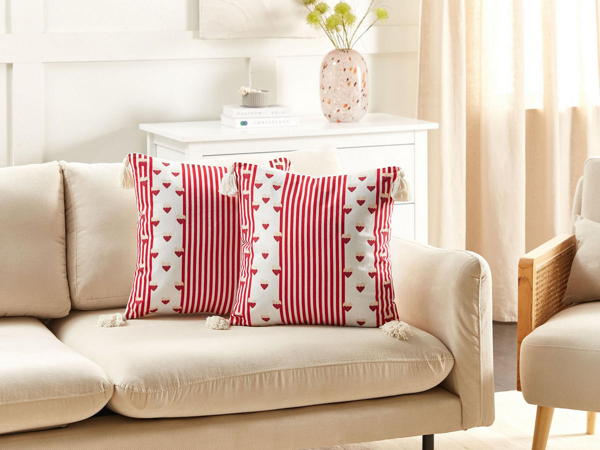 DEKOKISSEN 2er-Set Weiß 45/45 cm Banksia - Rot/Weiß, Textil (45/45cm) - Beliani
