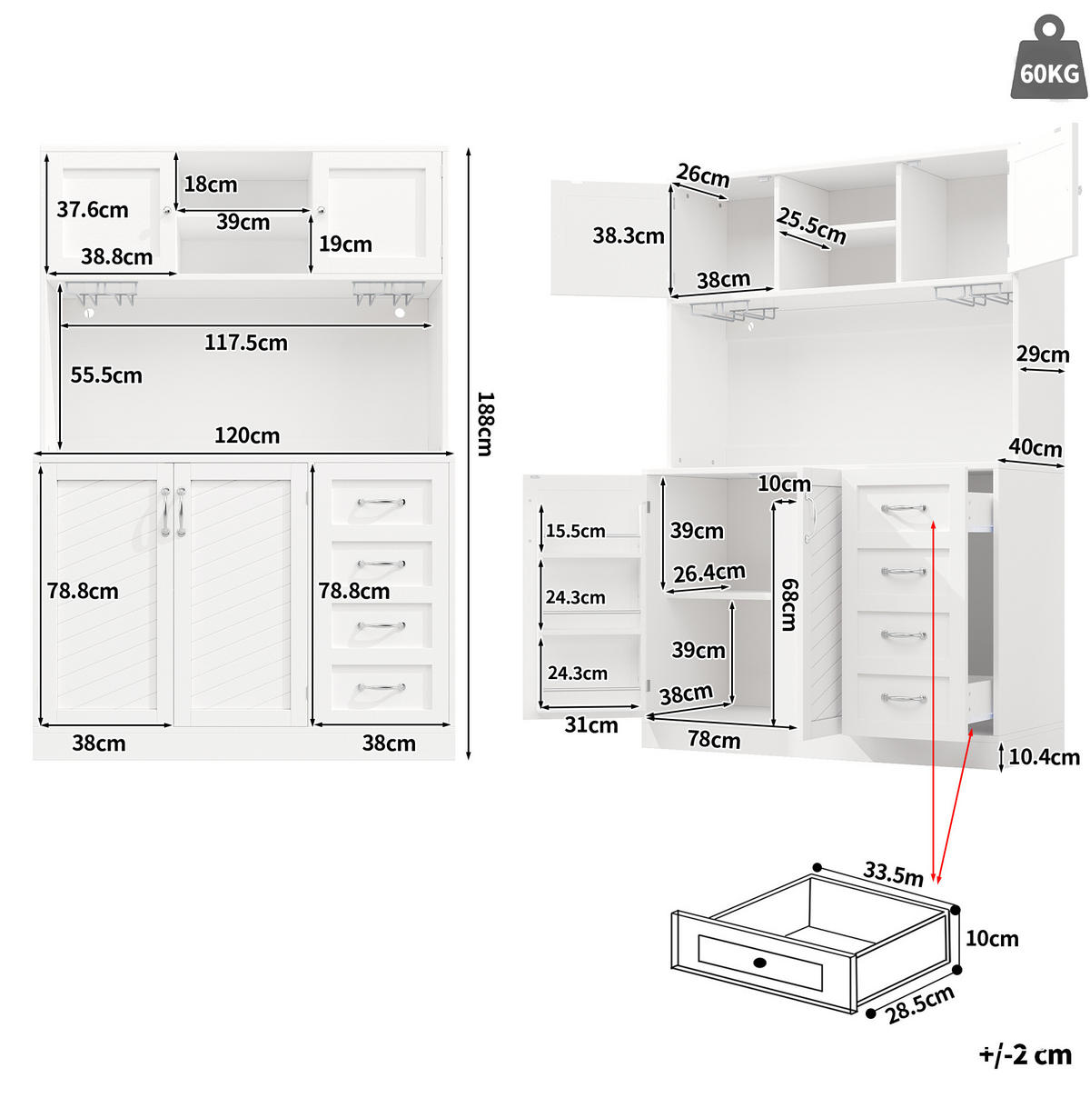 BUFFET 120/40/188 cm aus MDF mit LED-Beleuchtung Weiß - Weiß, Holzwerkstoff (120/188/40cm) - Modenvie