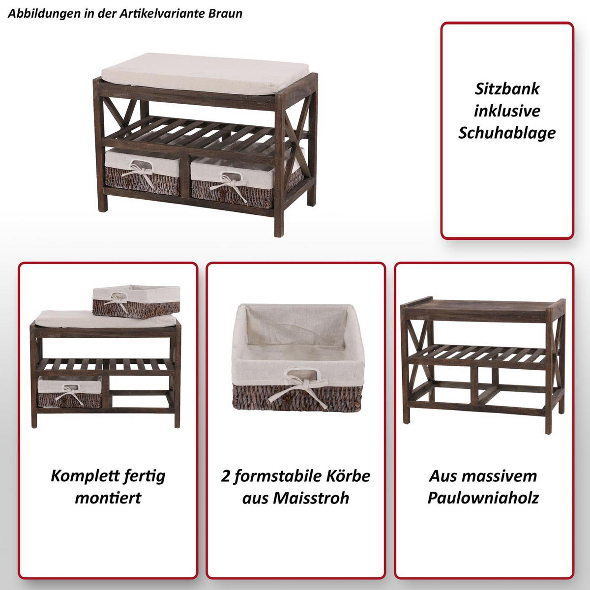 SCHUHREGAL SITZBANK Grau, Cremeweiß - Weiß/Grau, Holz (65/45/34cm) - MCW