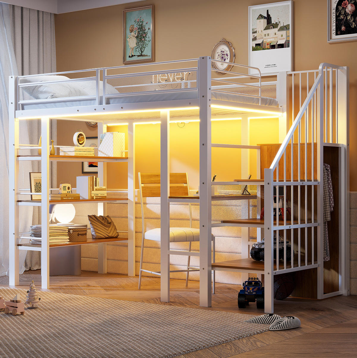 HOCHBETT 90/200 cm aus Metall mit Schreibtisch, Regal und LED-Beleuchtung Weiß - Weiß, Metall (90/200cm) - Modenvie
