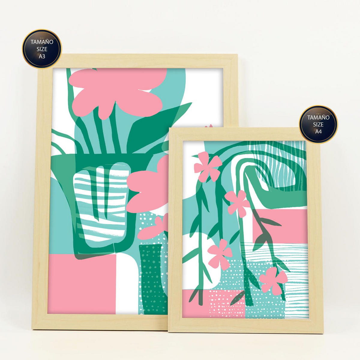 POSTER Set Mit 6 Pinkes Grün In Blume Zusammenfassung Ästhetische Dekorative Gemälde Für Ihr Wohnzimmer Zuhause A3 & A4 Rahmen Aus Hellem Holz - Beige, Papier (29/3cm) - Nacnic