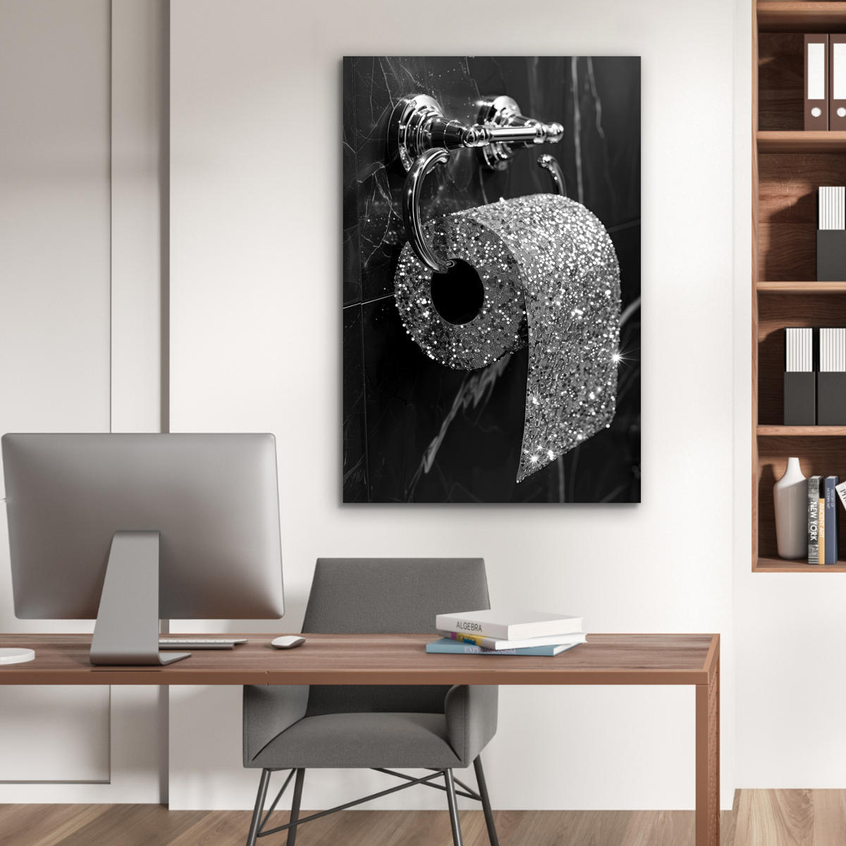 METALLBILD WC - Toilettenpapier - Schwarz und weiß - Glitter 60x90 cm - Silberfarben, Metall (60/90cm) - MuchoWow