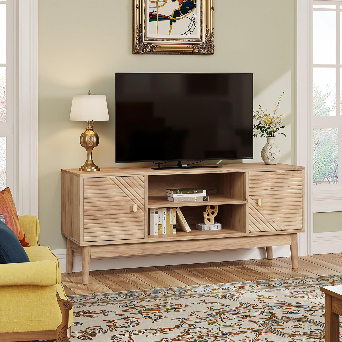 TV-SCHRANK 110 cm Eiche Natur mit 2 Türen, offenen Fächern & Kabelmanagement im Mid-Century-Stil - Eichefarben, Holzwerkstoff (110/48/40cm) - Urban Meuble
